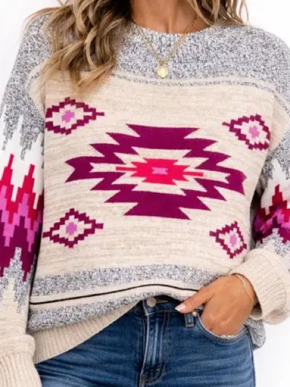 Nic & Zoe Boho Aztec Print Crewneck Sweater. Small